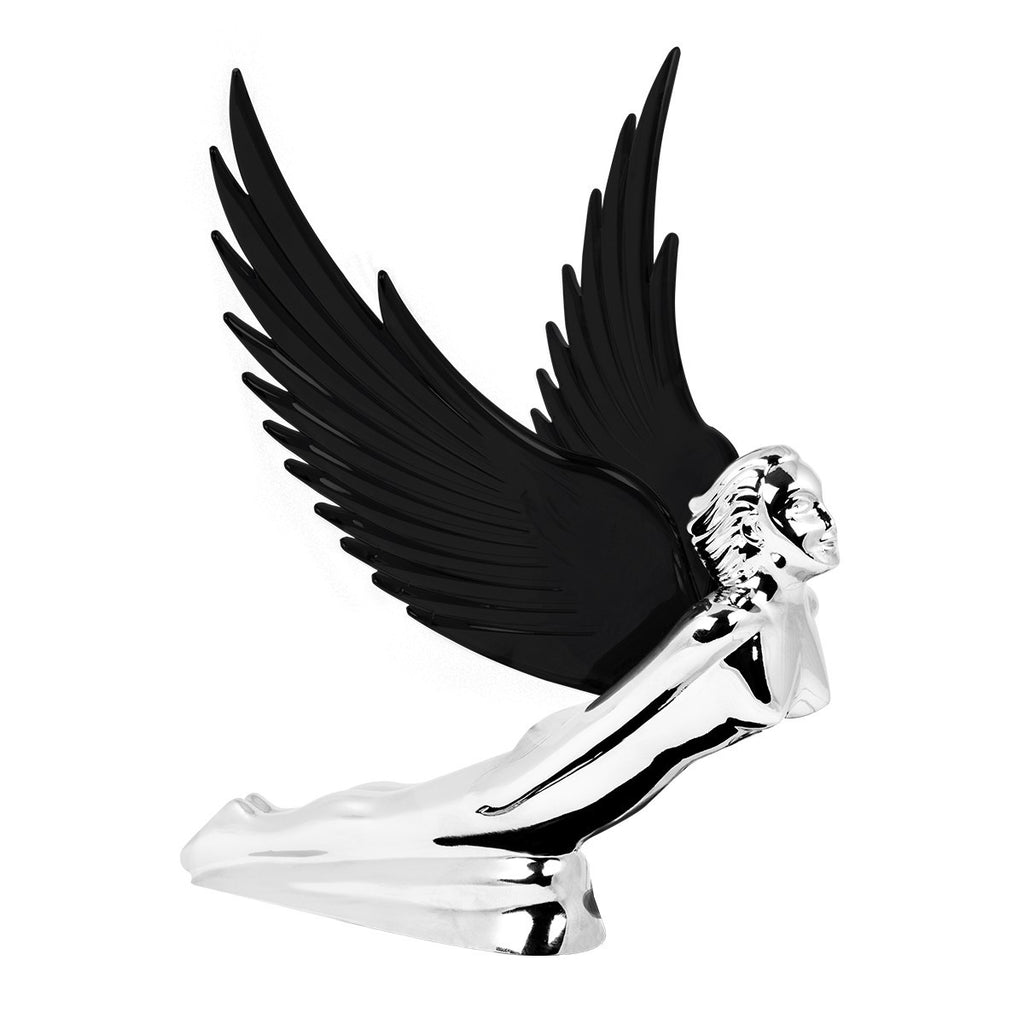UAT Hood Ornament Flying Goddess Chrome With BLUE Windrider Wings - Peterbilt Kenworth FL, 48107