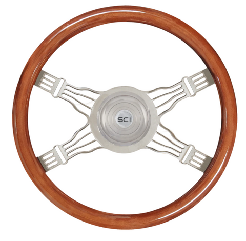 18" Mahogany Rim Chrome 4-Spoke with Wire Cut Outs Steering Wheel