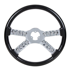 18" Chrome Steering Wheel With Skull Accent - Black